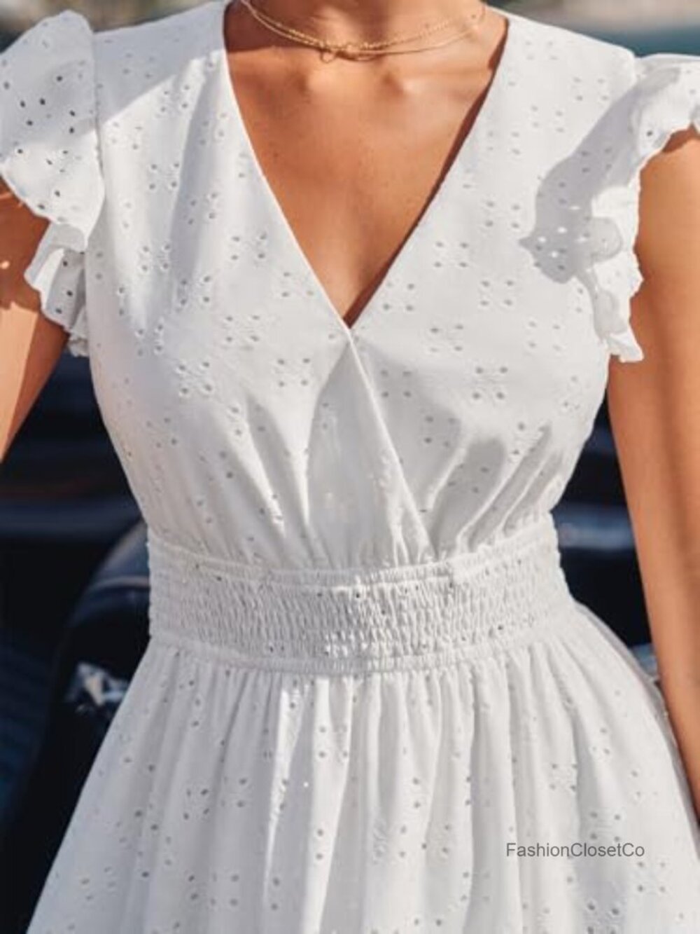 Lace Eyelet Midi Dress Smocked Waist Flutter Sleeve V Neck Flowy A Line Sundress - Picture 7 of 7